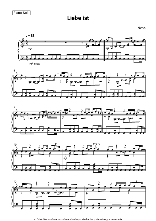 Noten Nena - Liebe ist - Klavier.Solo