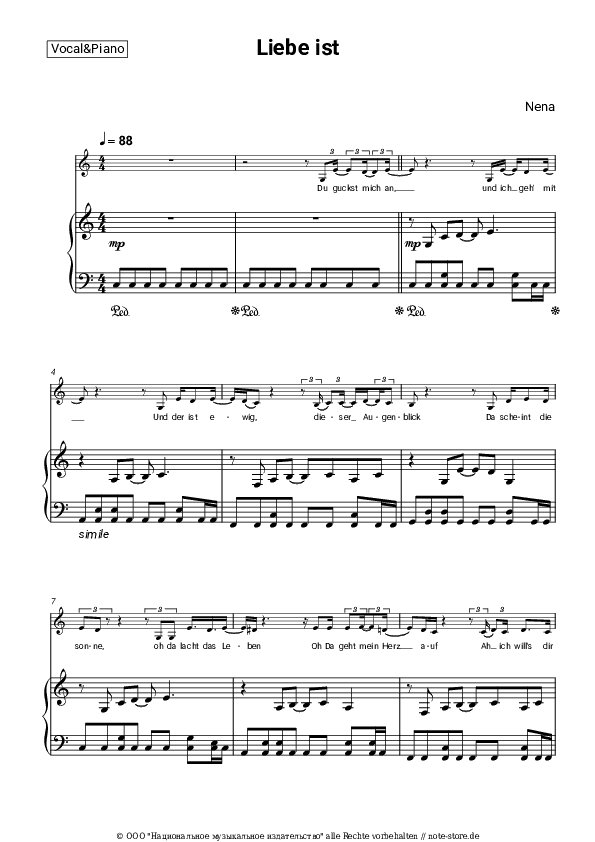 Noten mit Gesang Nena - Liebe ist - Klavier&Gesang