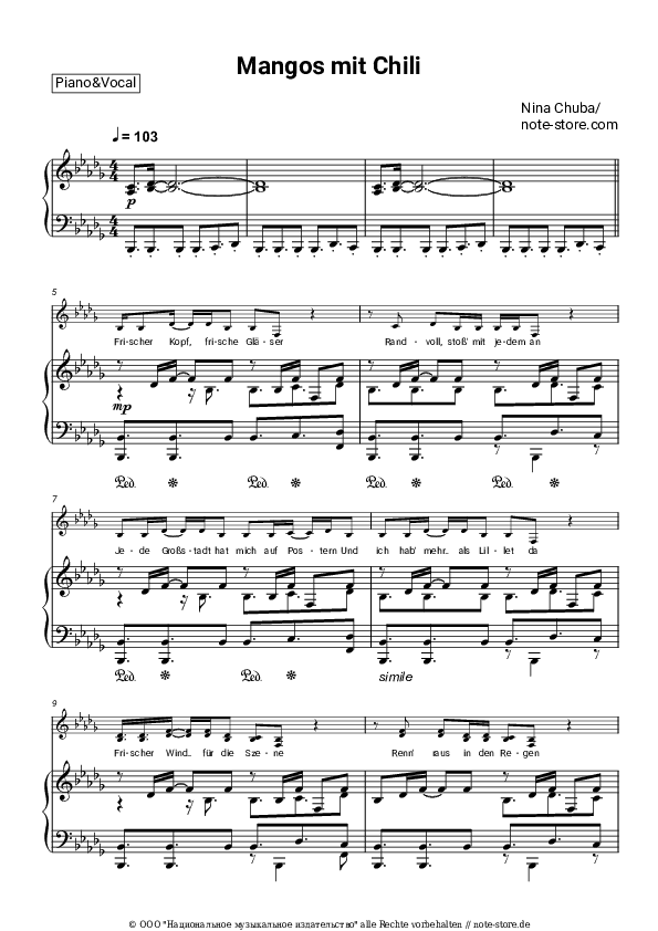 Noten mit Gesang Nina Chuba - Mangos mit Chili - Klavier&Gesang