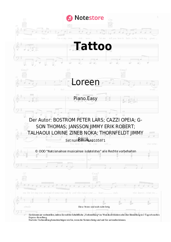 Einfache Noten Loreen - Tattoo - Klavier.Einfach