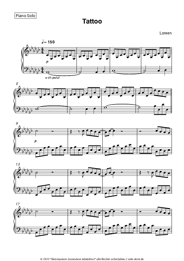 Noten Loreen - Tattoo - Klavier.Solo