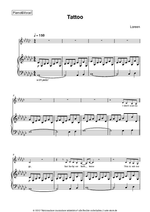 Noten mit Gesang Loreen - Tattoo - Klavier&Gesang