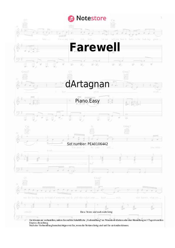 Einfache Noten dArtagnan, Patty Gurdy - Farewell - Klavier.Einfach