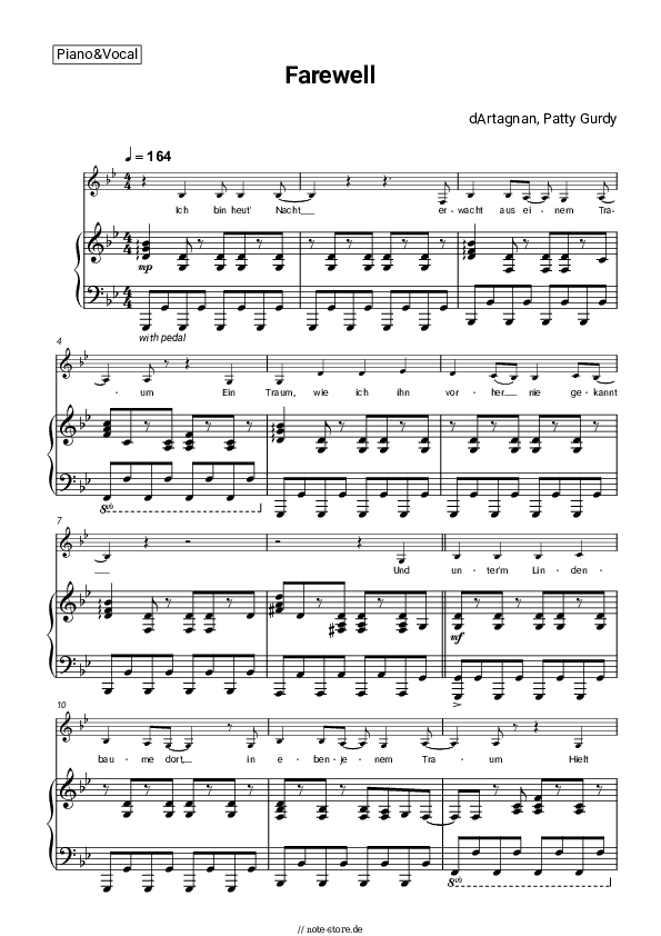 Noten mit Gesang dArtagnan, Patty Gurdy - Farewell - Klavier&Gesang