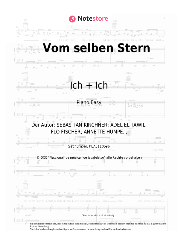 Einfache Noten Ich + Ich - Vom selben Stern - Klavier.Einfach