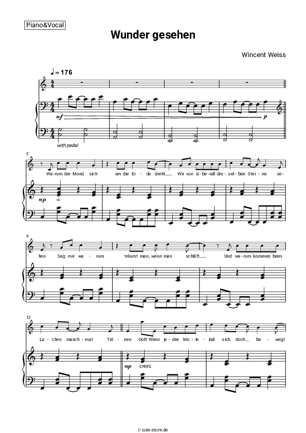 Noten mit Gesang Wincent Weiss - Wunder gesehn - Klavier&Gesang