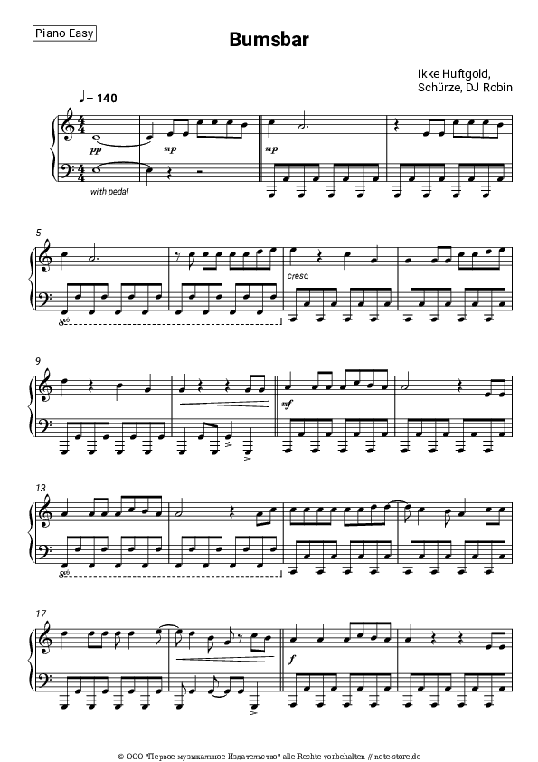 Einfache Noten Ikke Huftgold, Schürze, DJ Robin - Bumsbar - Klavier.Einfach