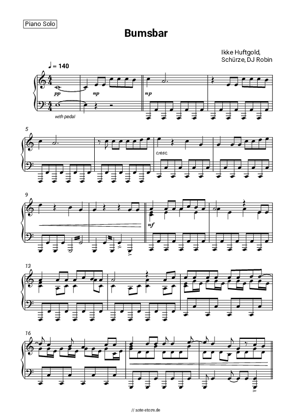 Noten Ikke Huftgold, Schürze, DJ Robin - Bumsbar - Klavier.Solo