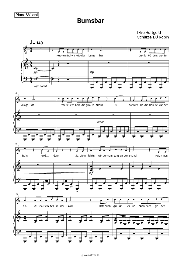 Noten mit Gesang Ikke Huftgold, Schürze, DJ Robin - Bumsbar - Klavier&Gesang