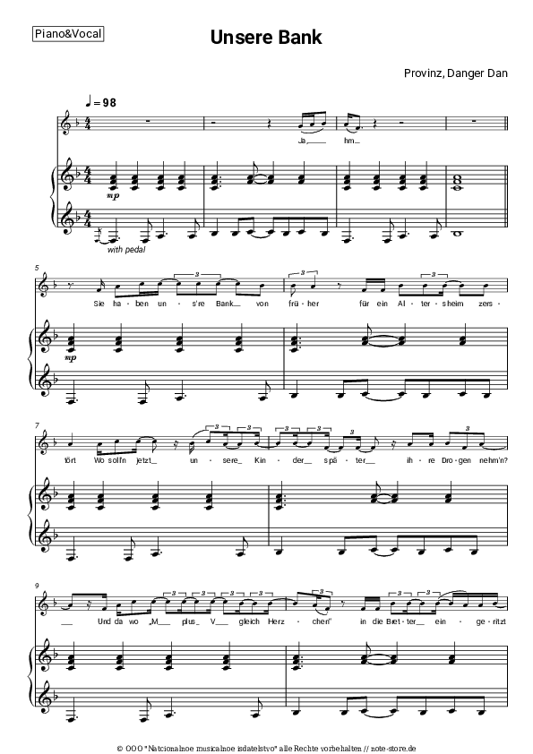 Noten mit Gesang Provinz, Danger Dan - Unsere Bank - Klavier&Gesang