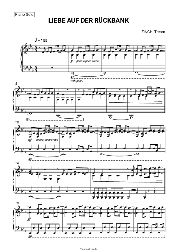 Noten FiNCH, Tream - LiEBE AUF DER RÜCKBANK - Klavier.Solo