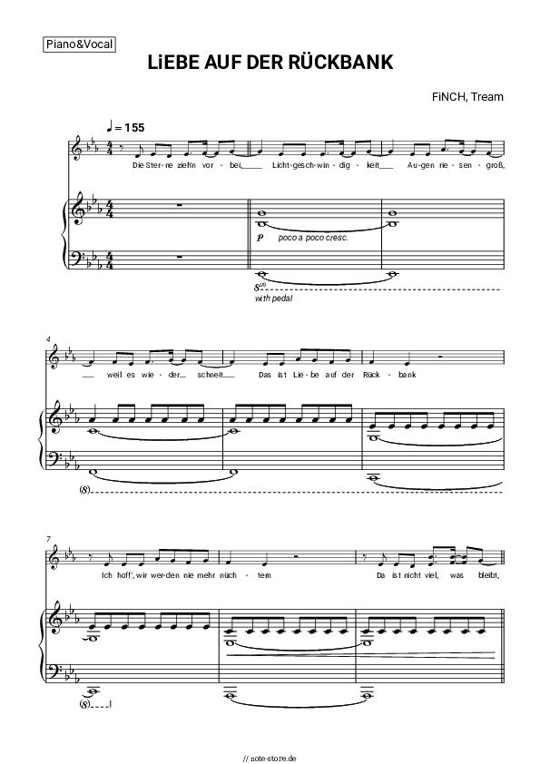 Noten mit Gesang FiNCH, Tream - LiEBE AUF DER RÜCKBANK - Klavier&Gesang
