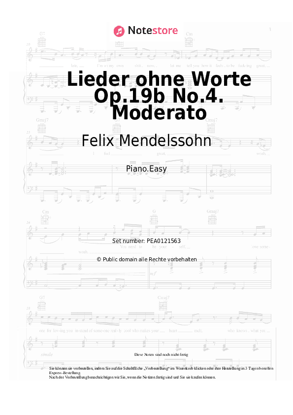 Einfache Noten Felix Mendelssohn - Lieder ohne Worte Op.19b No.4. Moderato - Klavier.Einfach