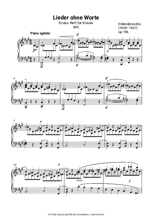 Noten Felix Mendelssohn - Lieder ohne Worte Op.19b No.5. Poco agitato - Klavier.Solo