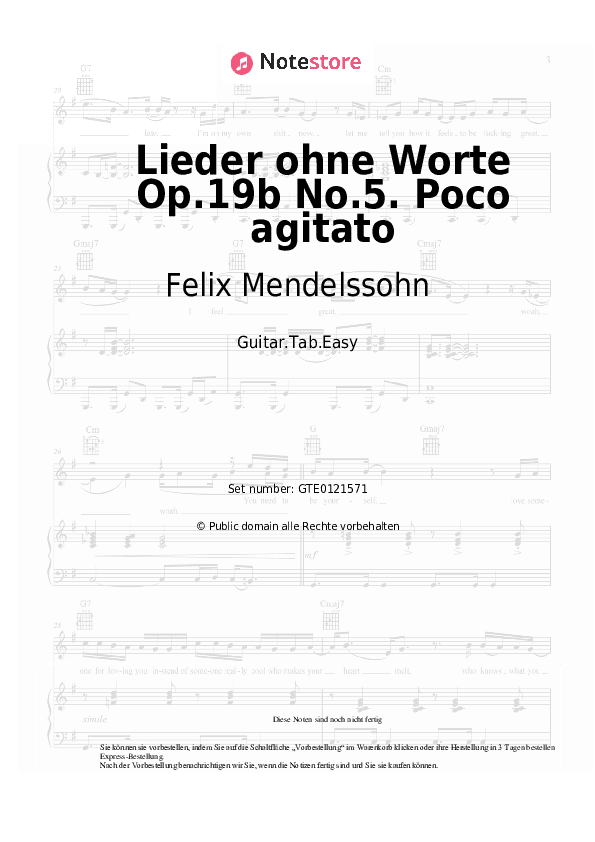 Einfache Tabs Felix Mendelssohn - Lieder ohne Worte Op.19b No.5. Poco agitato - Gitarre.Tabs.Einfach