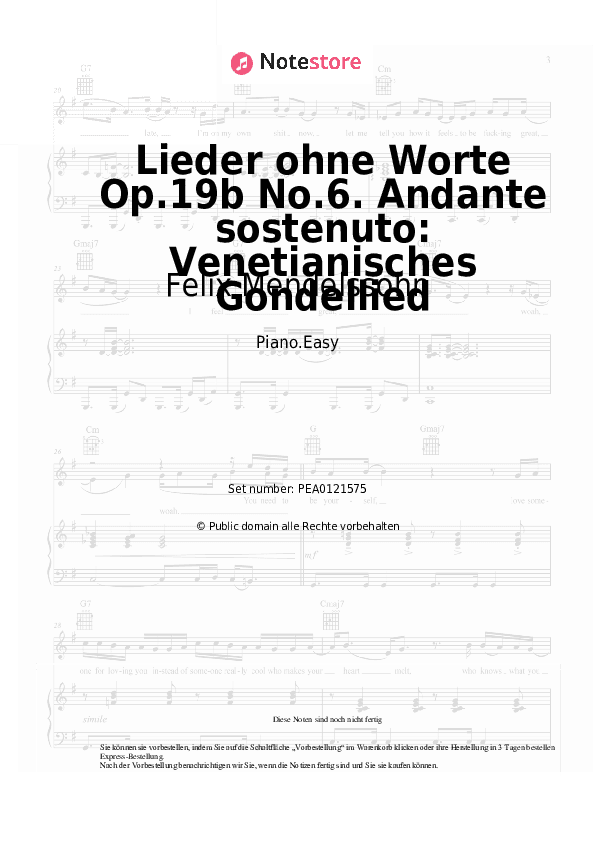 Einfache Noten Felix Mendelssohn - Lieder ohne Worte Op.19b No.6. Andante sostenuto: Venetianisches Gondellied - Klavier.Einfach