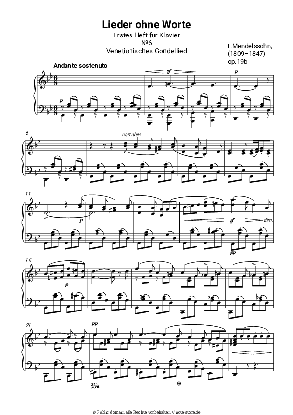 Noten Felix Mendelssohn - Lieder ohne Worte Op.19b No.6. Andante sostenuto: Venetianisches Gondellied - Klavier.Solo