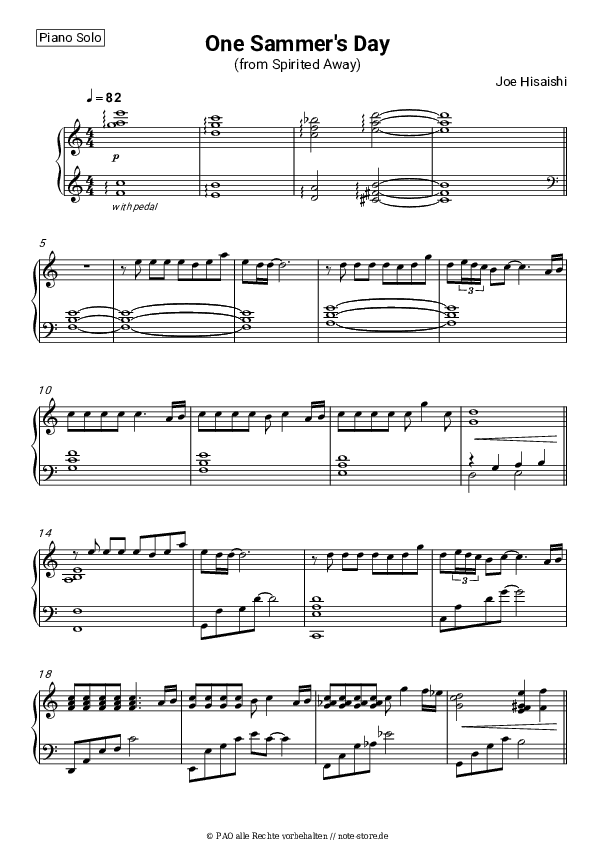 Noten Joe Hisaishi - One Summer's Day (from Spirited Away) - Klavier.Solo