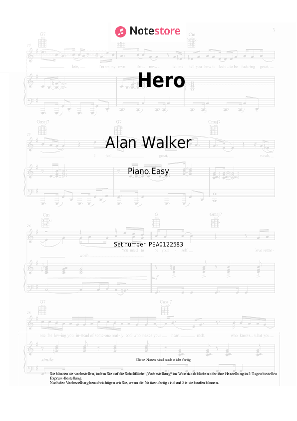 Einfache Noten Alan Walker, Sasha Alex Sloan - Hero - Klavier.Einfach