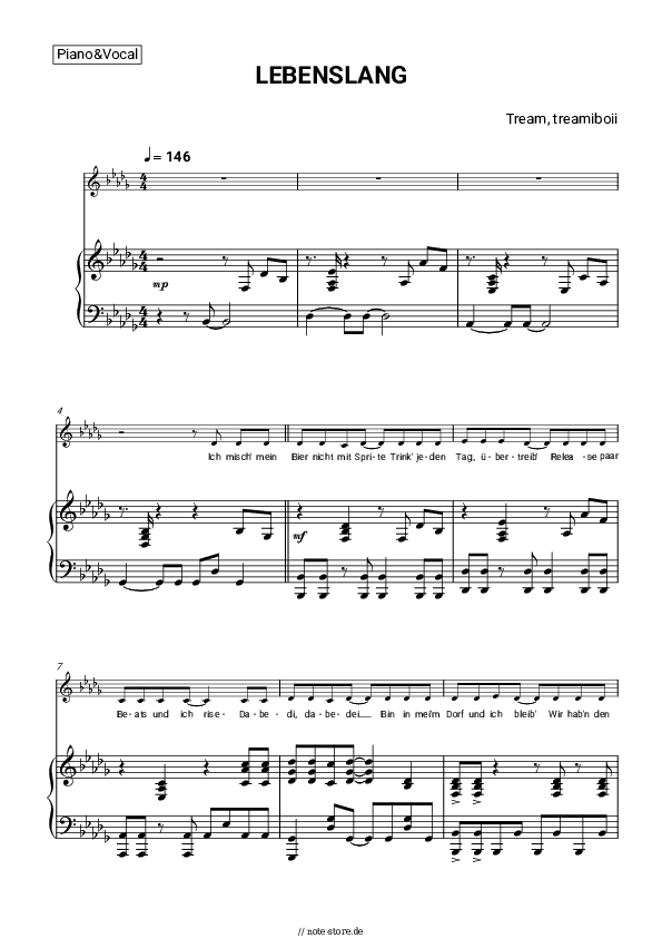 Noten mit Gesang Tream, treamiboii - LEBENSLANG - Klavier&Gesang