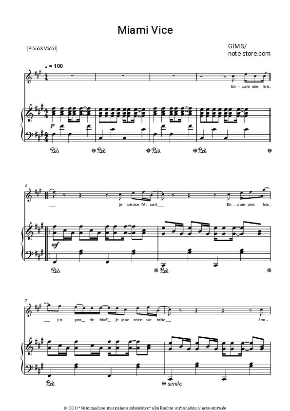 Noten mit Gesang GIMS - Miami Vice - Klavier&Gesang