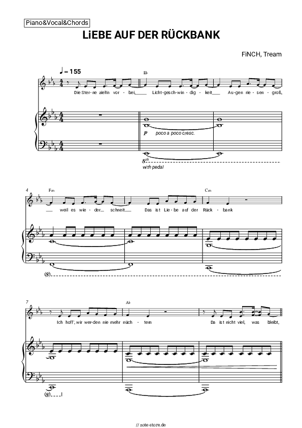 Noten und Akkorde FiNCH, Tream - LiEBE AUF DER RÜCKBANK - Klavier&Gesang&Akkorde