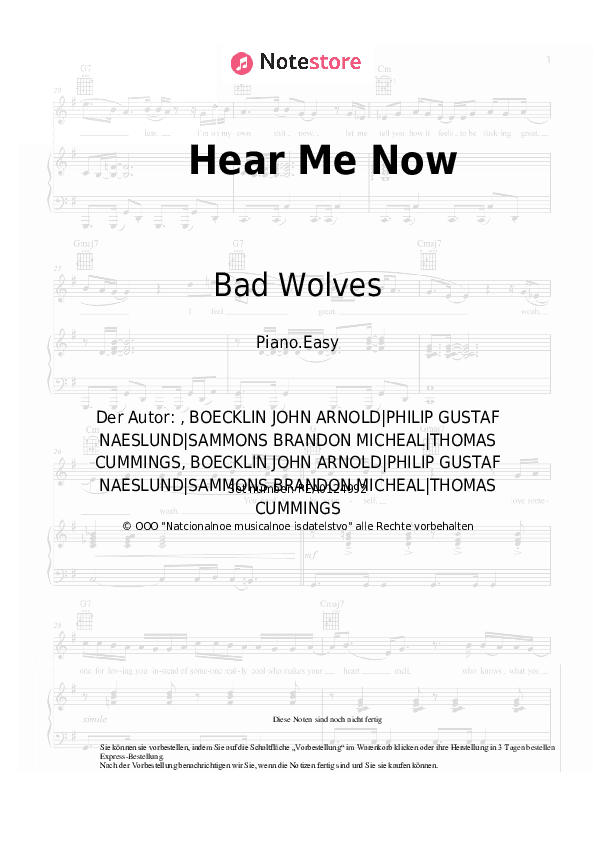 Einfache Noten Bad Wolves, DIAMANTE - Hear Me Now - Klavier.Einfach