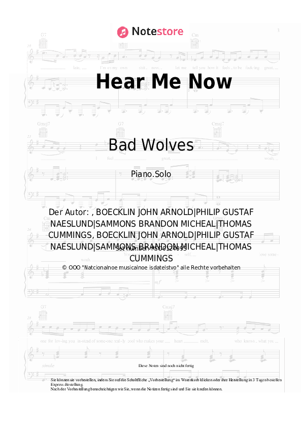 Noten Bad Wolves, DIAMANTE - Hear Me Now - Klavier.Solo