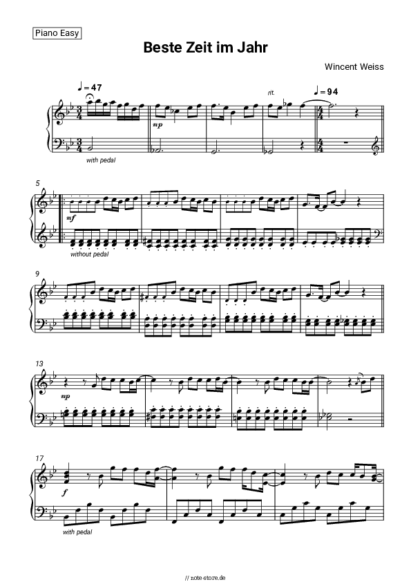 Einfache Noten Wincent Weiss - Beste Zeit im Jahr - Klavier.Einfach