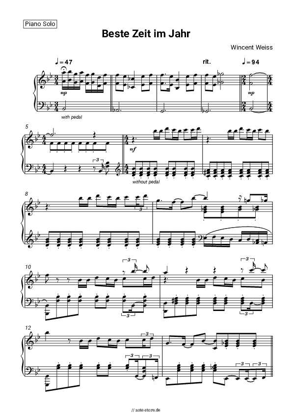 Noten Wincent Weiss - Beste Zeit im Jahr - Klavier.Solo