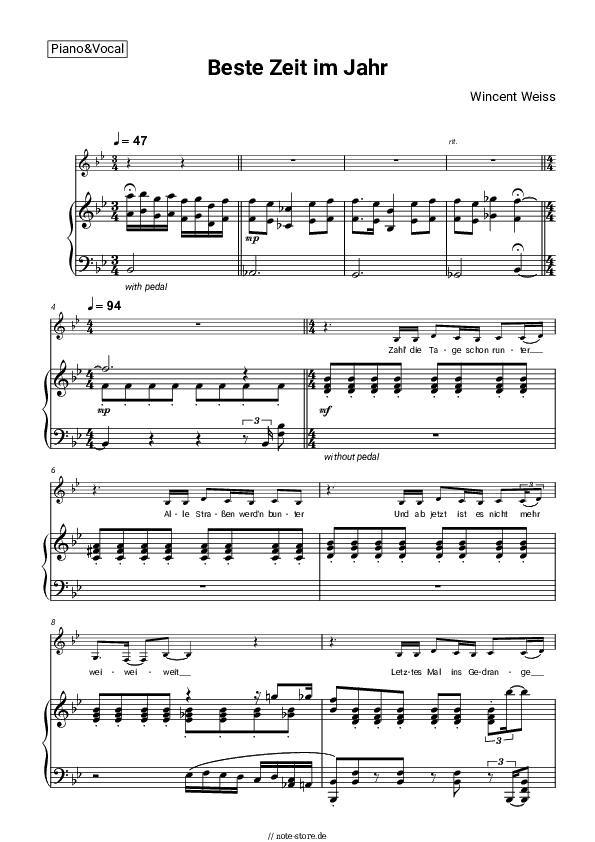 Noten mit Gesang Wincent Weiss - Beste Zeit im Jahr - Klavier&Gesang