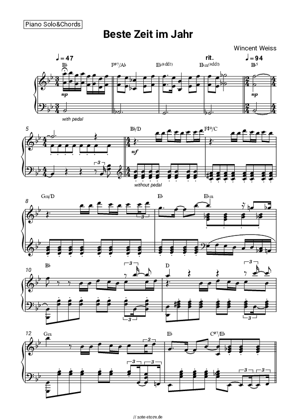 Noten und Akkorde Wincent Weiss - Beste Zeit im Jahr - Klavier.Solo&Akkorde