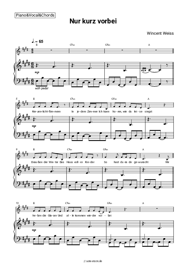 Noten und Akkorde Wincent Weiss - Nur kurz vorbei - Klavier&Gesang&Akkorde