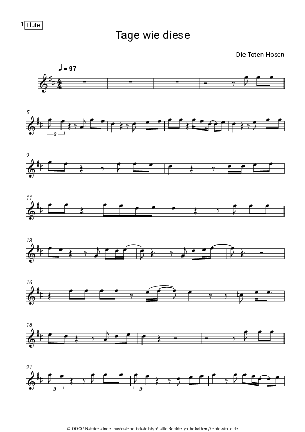 Noten Die Toten Hosen - Tage wie diese - Flöte
