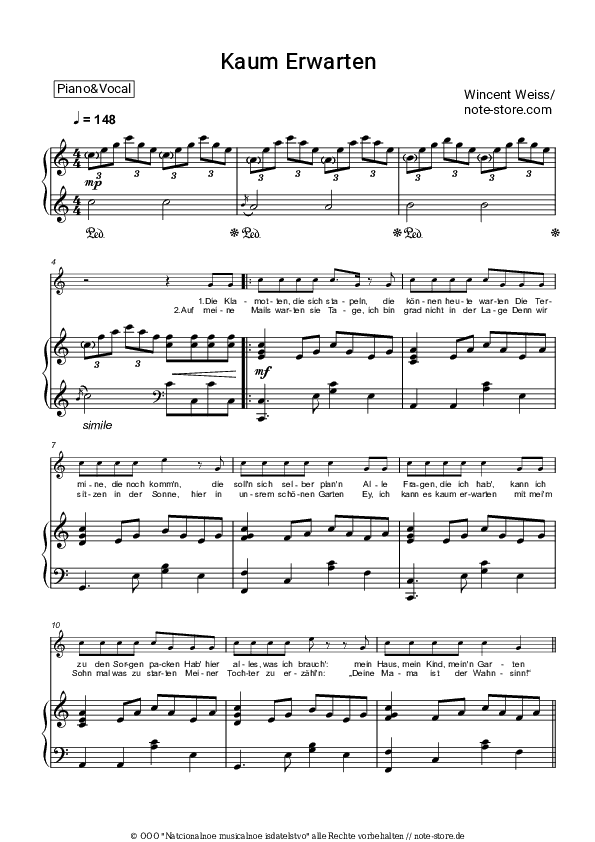 Noten mit Gesang Wincent Weiss - Kaum Erwarten - Klavier&Gesang