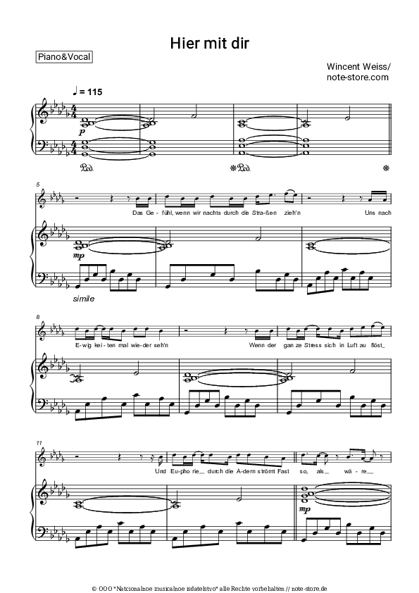 Noten mit Gesang Wincent Weiss - Hier mit dir - Klavier&Gesang