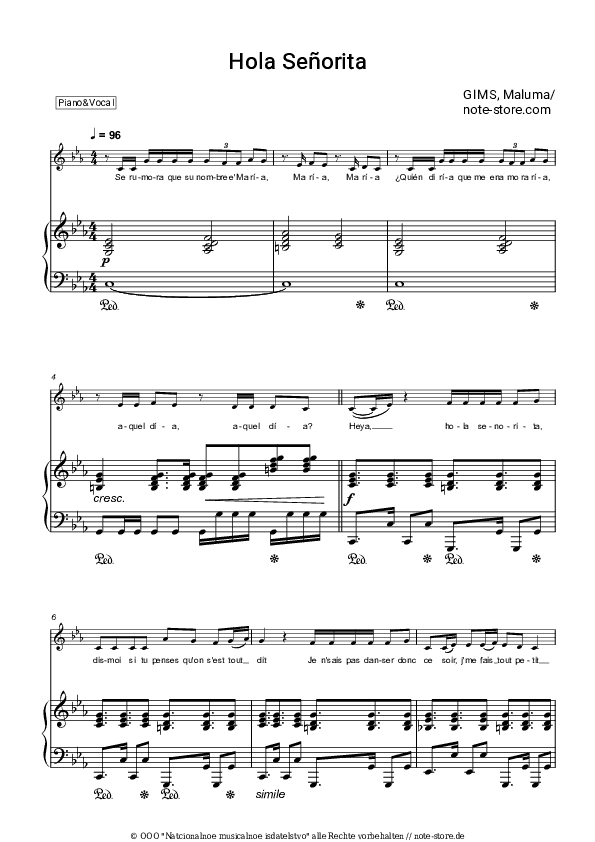 Noten mit Gesang GIMS, Maluma - Hola Senorita - Klavier&Gesang