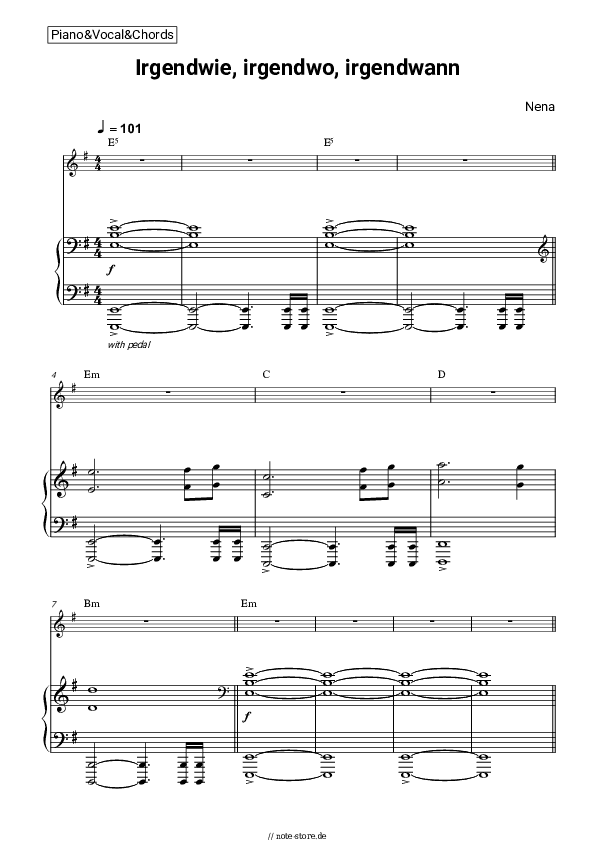 Noten und Akkorde Nena - Irgendwie, irgendwo, irgendwann - Klavier&Gesang&Akkorde