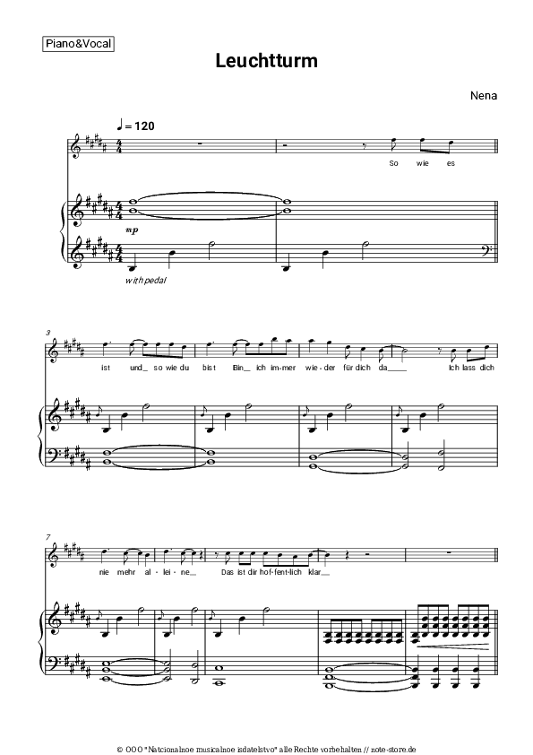 Noten mit Gesang Nena - Leuchtturm - Klavier&Gesang