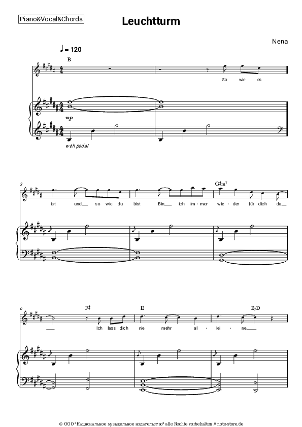 Noten und Akkorde Nena - Leuchtturm - Klavier&Gesang&Akkorde