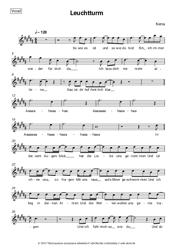 Noten Nena - Leuchtturm - Gesang