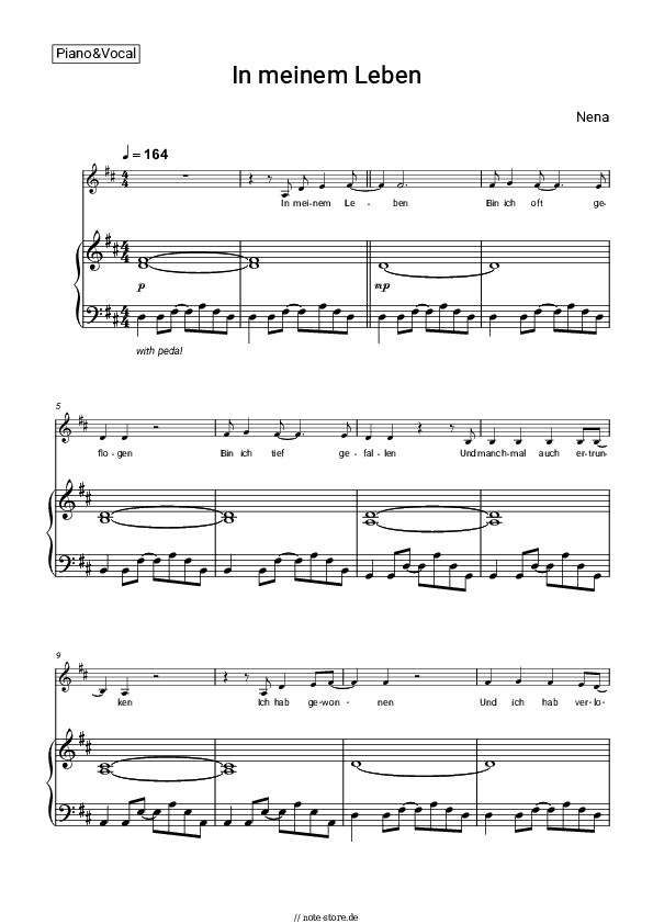 Noten mit Gesang Nena - In meinem Leben - Klavier&Gesang