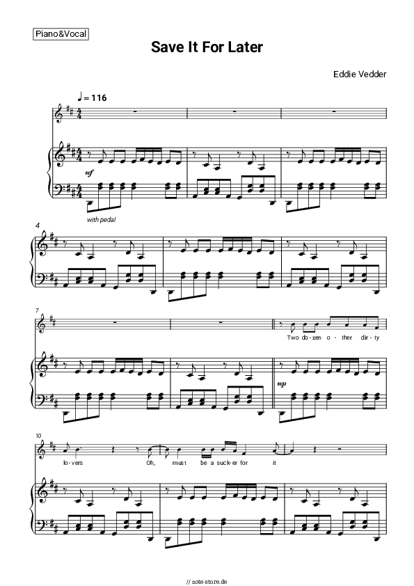 Noten mit Gesang Eddie Vedder - Save It For Later - Klavier&Gesang
