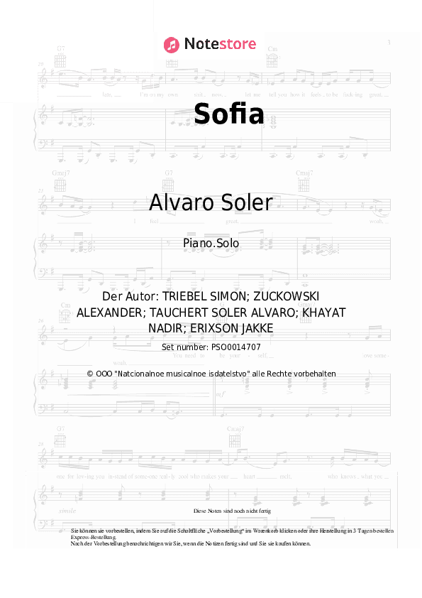 Noten Alvaro Soler - Sofia - Klavier.Solo