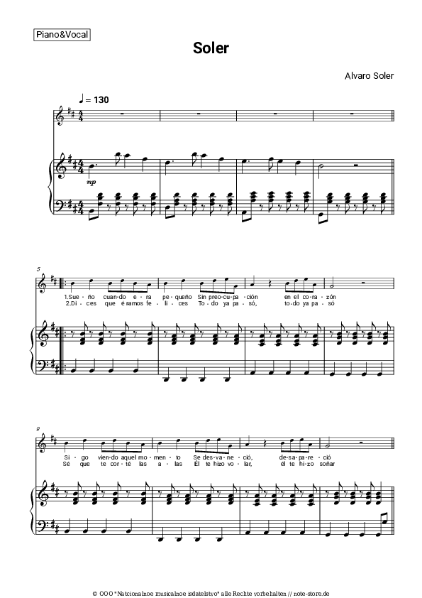 Noten mit Gesang Alvaro Soler - Sofia - Klavier&Gesang