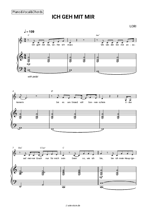 Noten und Akkorde LORI - ICH GEH MIT MIR - Klavier&Gesang&Akkorde