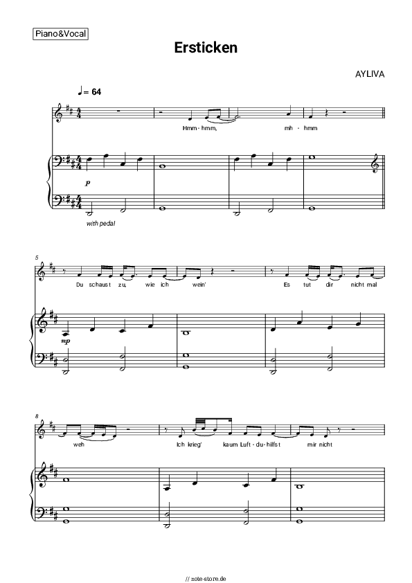 Noten mit Gesang AYLIVA - Ersticken - Klavier&Gesang