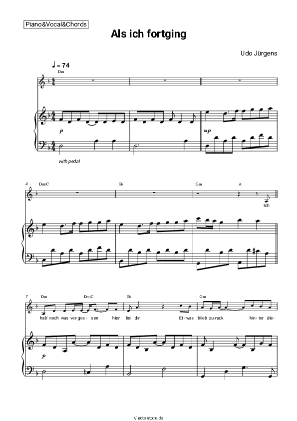 Noten und Akkorde Udo Jürgens - Als ich fortging - Klavier&Gesang&Akkorde