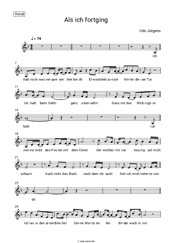 Noten Udo Jürgens - Als ich fortging - Gesang
