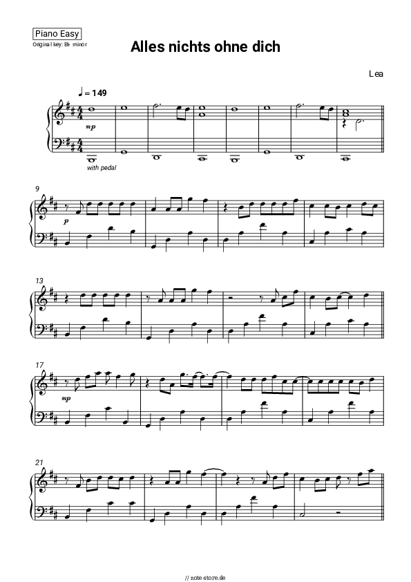 Einfache Noten LEA - Alles nichts ohne dich - Klavier.Einfach